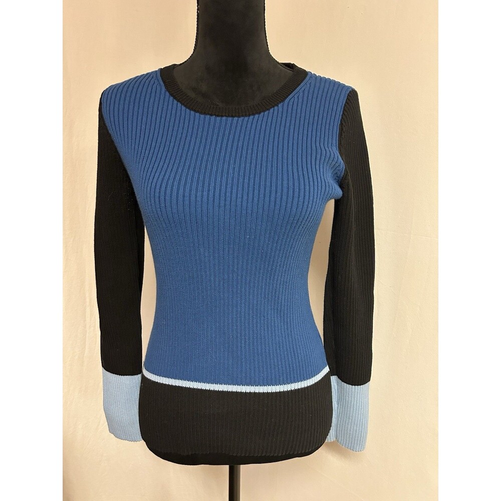 White House Black Market Womens Sz M Ribbed Cardigan Sweater Pullover Black Blue